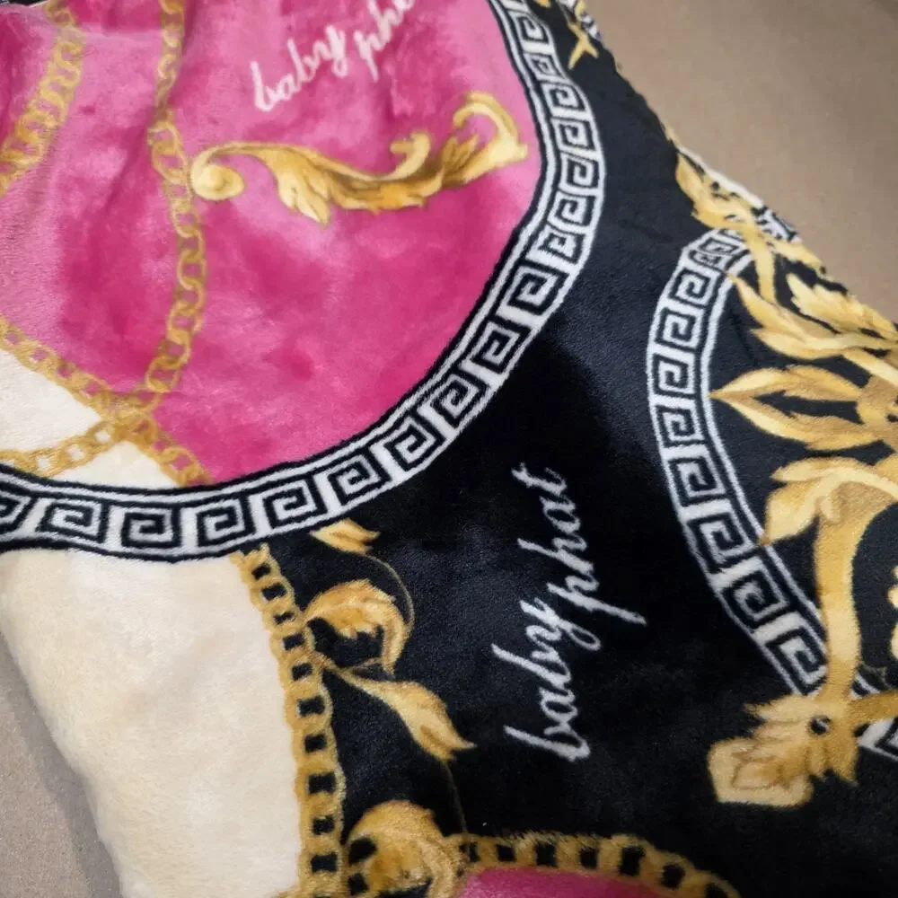 Baby Phat Black Gold Pink Baroque Chain Medal Print Throw Blanket 60x70 Y2K NEW